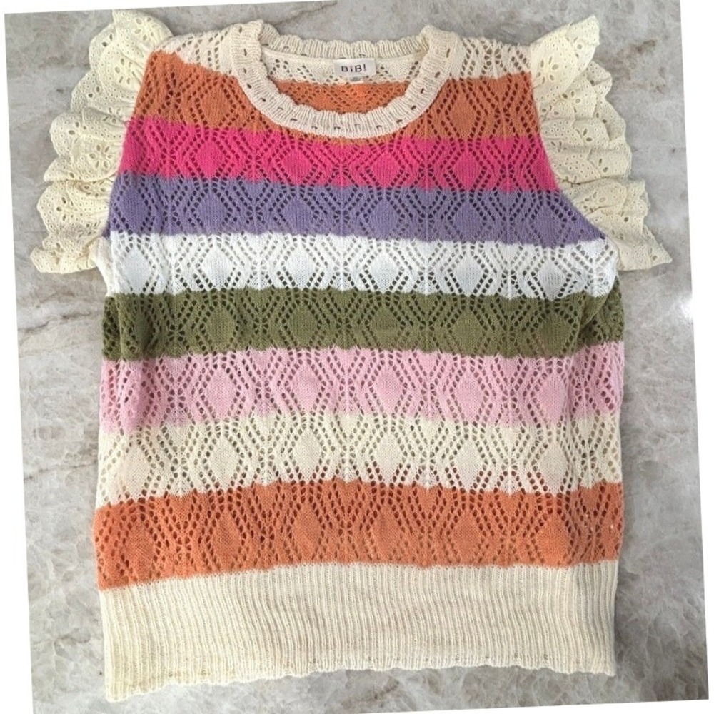 Bibi Cozy Color-Block Open-Knit Sweater Top w/ Ruffle Sleeves, XL - Picture 3 of 6